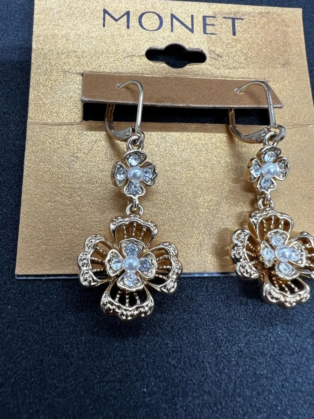 Vintage Monet Gold Tone Rhinestone Double Flower Drop Dangle Earrings Signed